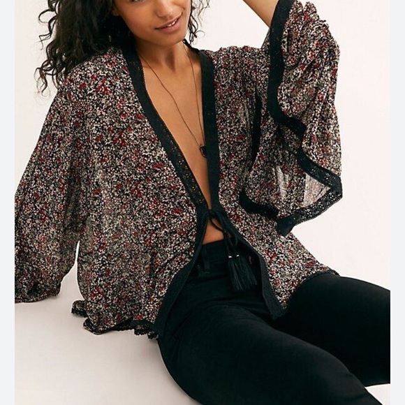 Free People Lola Kimono Black Combo Size M - Picture 2 of 8